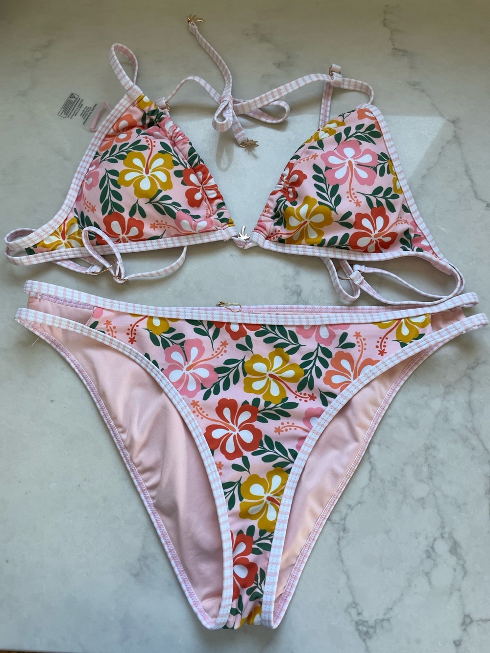 NEW! Floral Triangle Bikini Set - Pink Yellow Daisies🌸🌼- Sz L